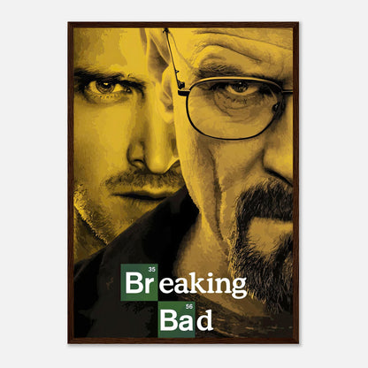 Breaking Bad official framed poster featuring iconic characters in dramatic yellow tones, perfect for fans.