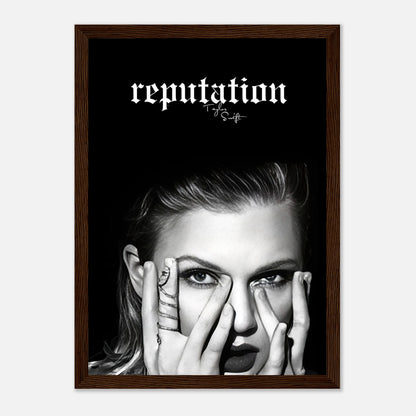 Taylor Swift Reputation framed print featuring bold black-and-white imagery and minimalist black frame, perfect for any fan's decor.