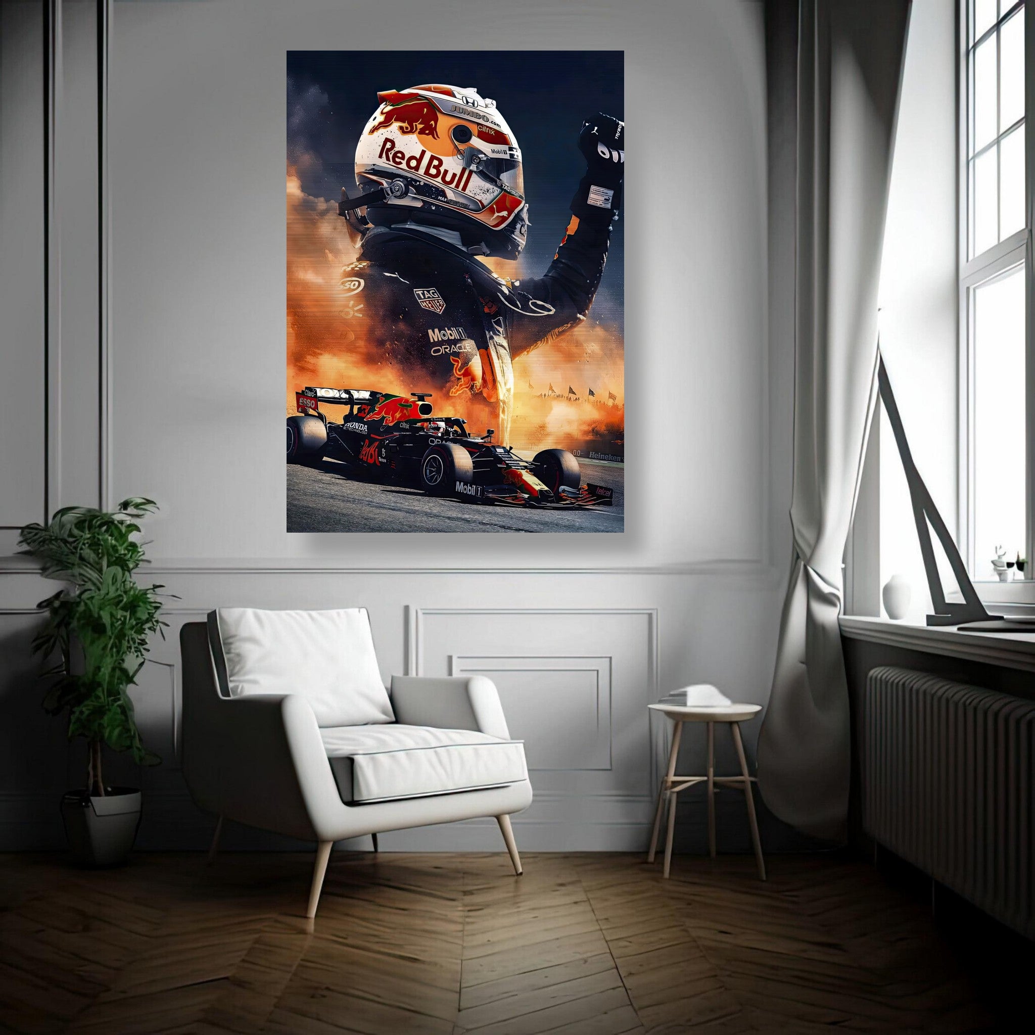 Max Verstappen Red Bull brushed metal print showcasing F1 racing dominance in a stylish modern interior setting.