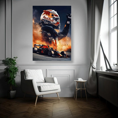 Max Verstappen Red Bull brushed metal print showcasing F1 racing dominance in a stylish modern interior setting.