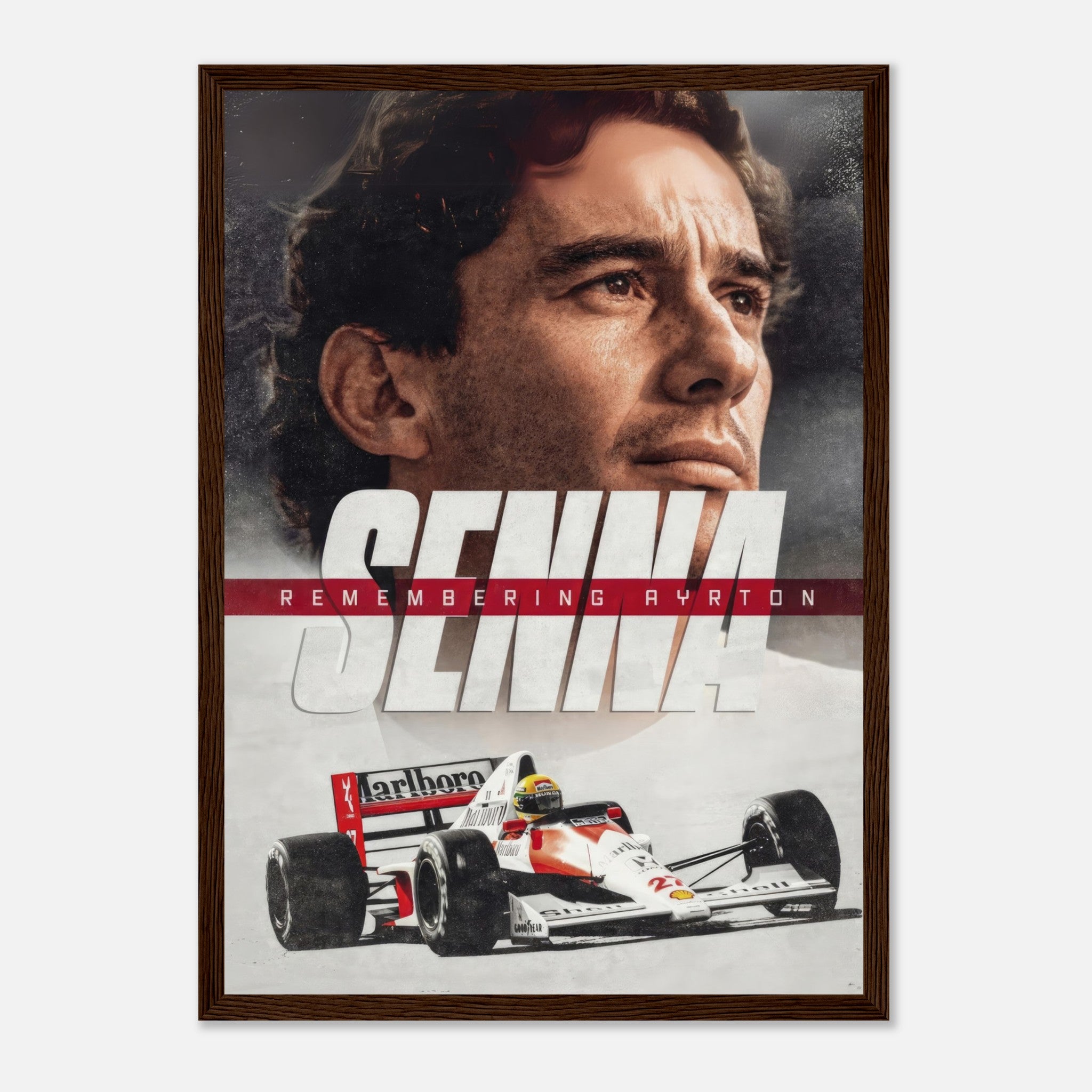 Ayrton Senna framed art print featuring his portrait and racing car, celebrating the legacy of a Formula 1 icon.