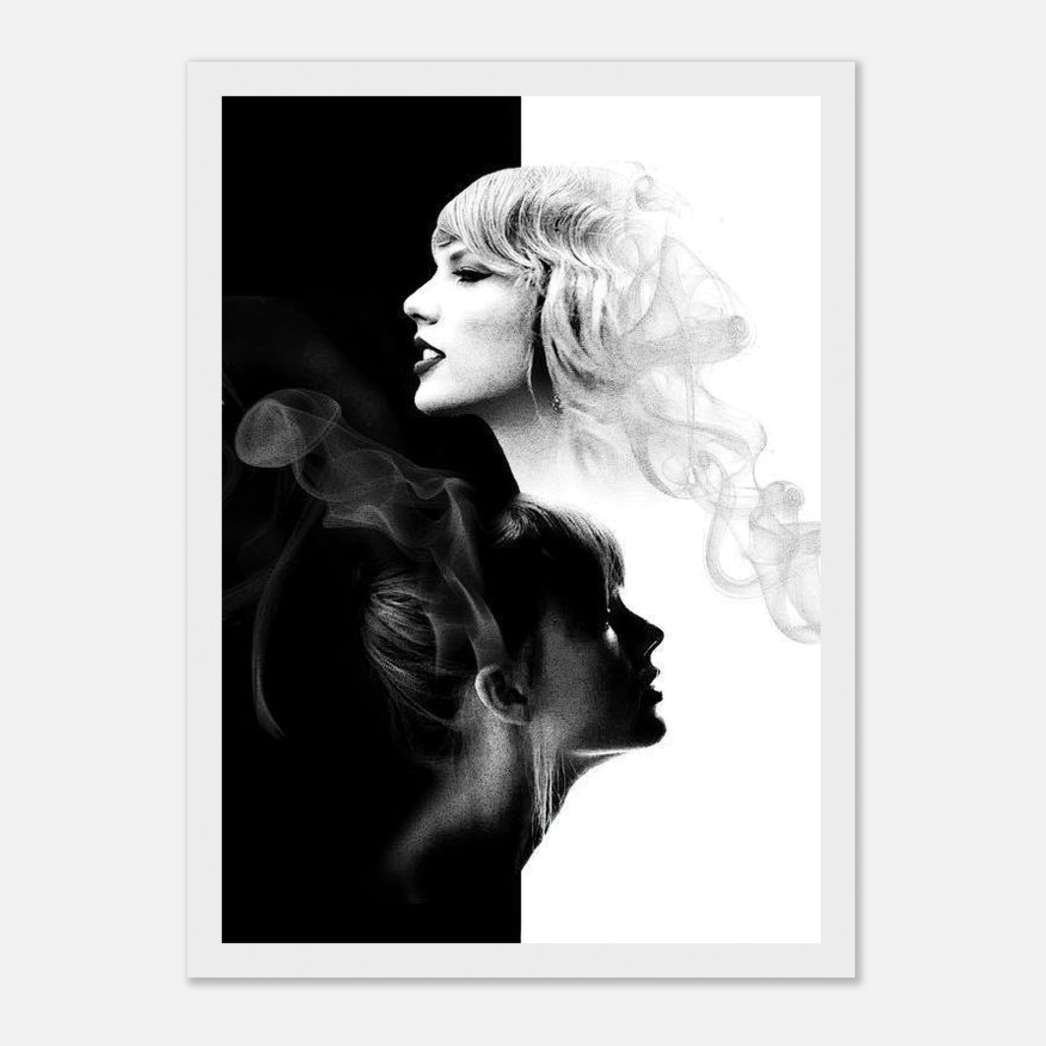 Taylor Swift Black and White framed print featuring dual-portrait design with light and shadow elements.