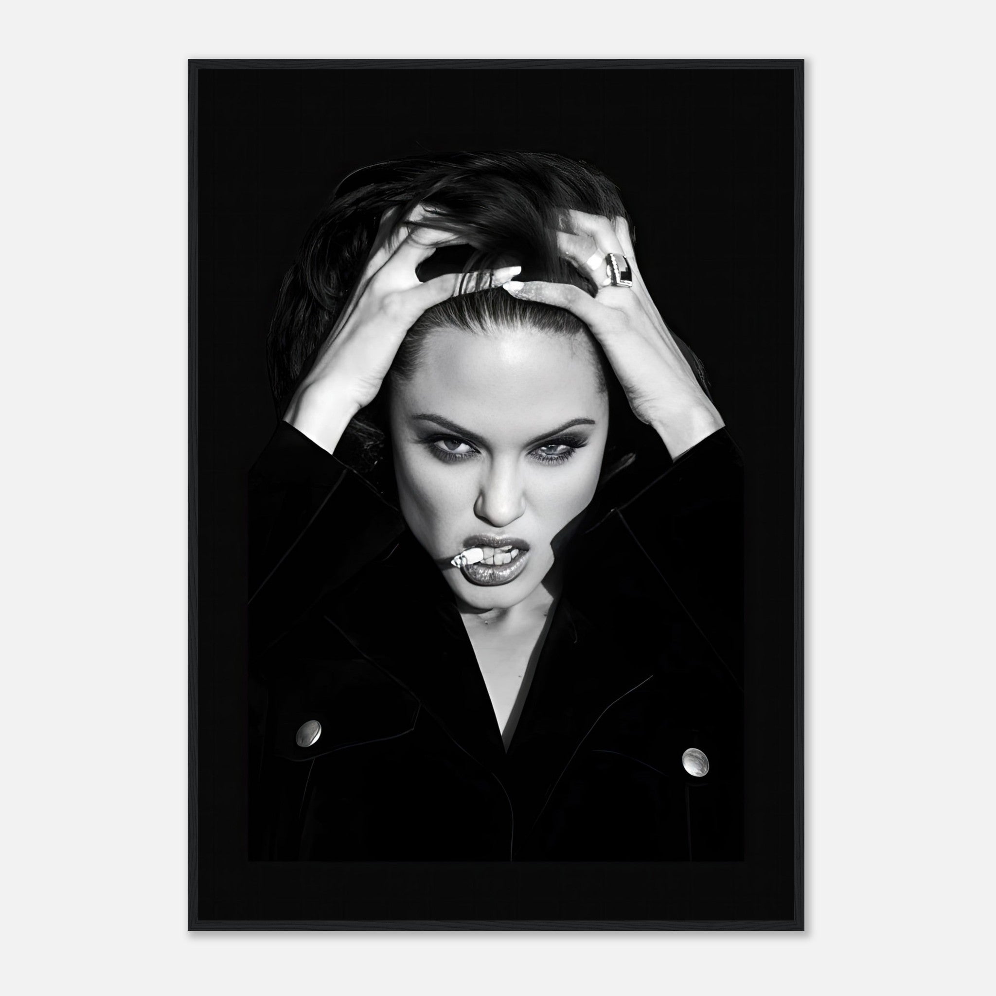 Angelina Jolie Smoking framed print showcasing bold glamour and striking black-and-white contrast. Perfect wall art.