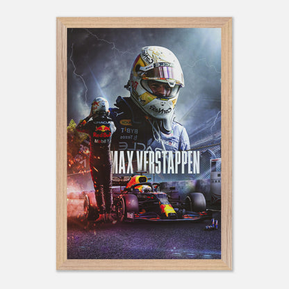 Max Verstappen RedBull Racing framed fine art print showcasing the driver and his F1 car in vibrant colors.