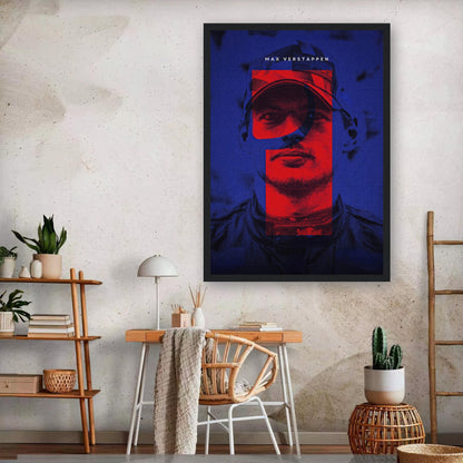 Max Verstappen framed print in vibrant colors, showcasing a dynamic design perfect for Formula 1 fans.