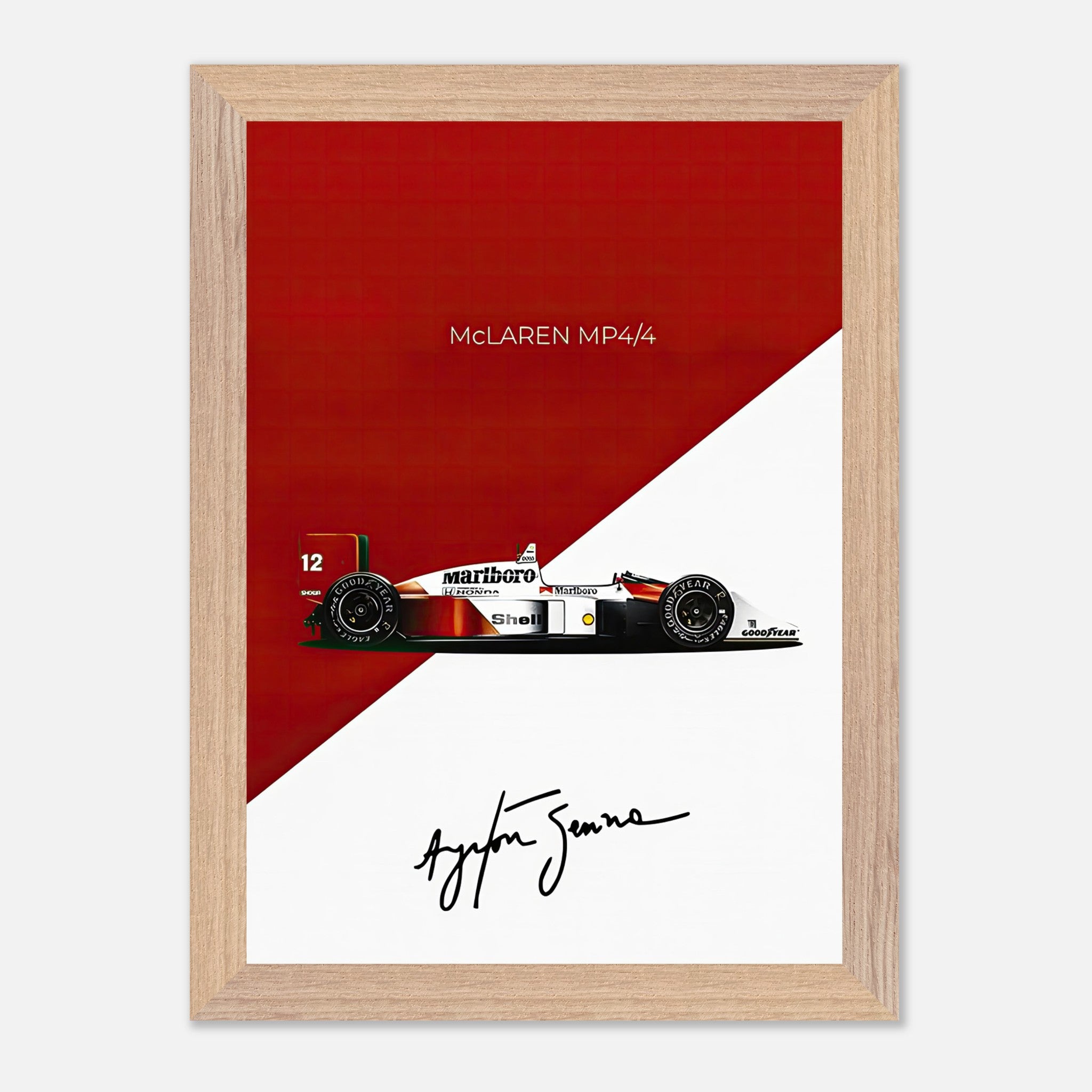 Ayrton Senna McLaren MP4/4 vintage framed print with bold red and white backdrop, featuring signature.