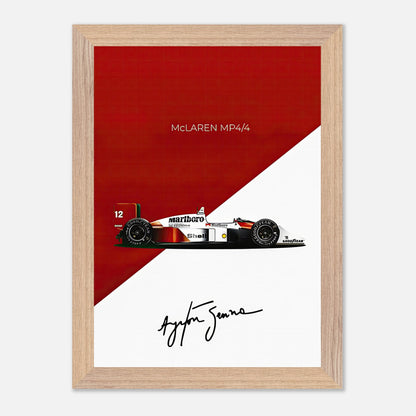 Ayrton Senna McLaren MP4/4 vintage framed print with bold red and white backdrop, featuring signature.