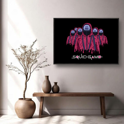 Squid Game Soldiers fine art print featuring iconic masked guards in red uniforms displayed on modern wall decor.