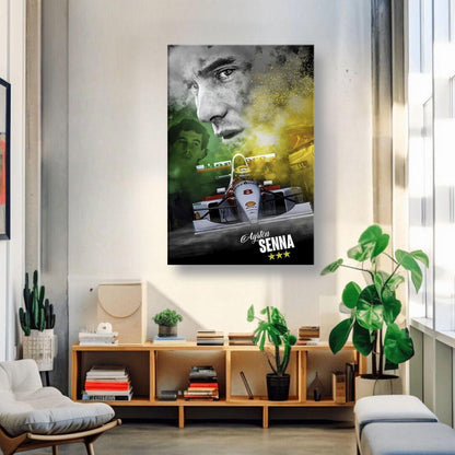 Ayrton Senna F1 McLaren canvas print featuring dynamic racing imagery in a modern living space.