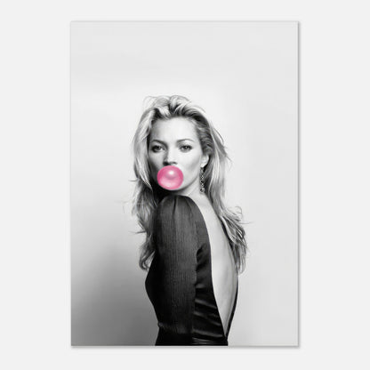 Black-and-white portrait of a smiling model blowing pink bubble gum, showcasing stylish contemporary art on metal print.