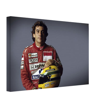 Ayrton Senna canvas print featuring the legendary F1 driver holding his helmet, showcasing vibrant colors and modern design.