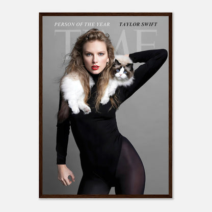 Taylor Swift Time Magazine framed print featuring her with a cat, celebrating her "Person of the Year" honor.