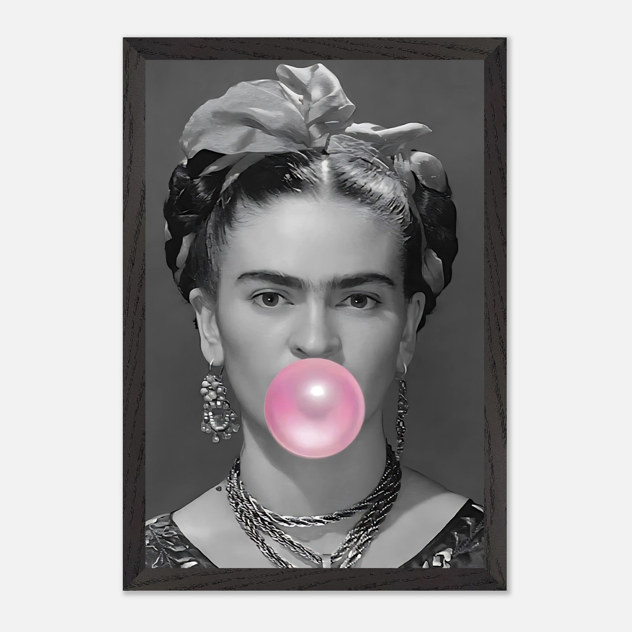 Frida Kahlo vintage framed art featuring black-and-white photo with a pink bubble gum bubble.