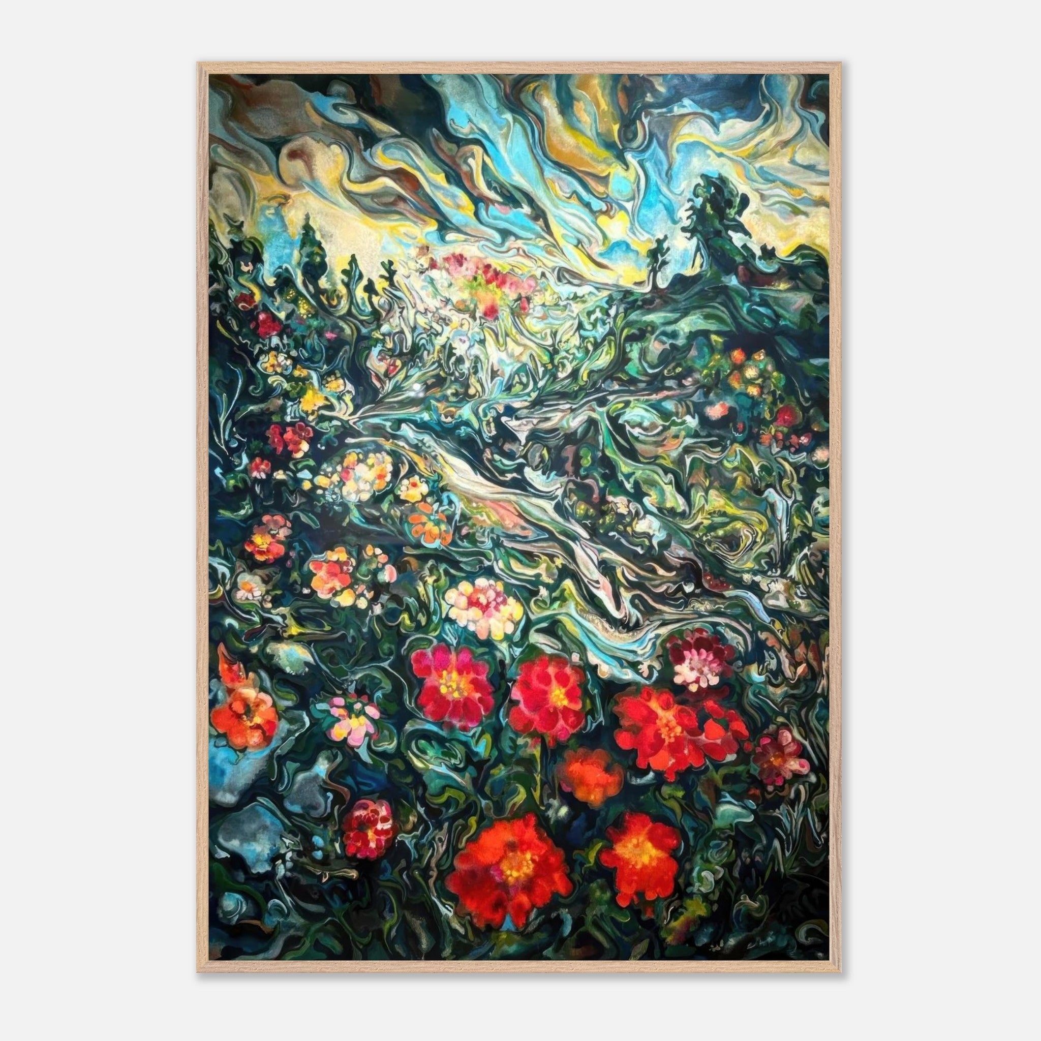 Vibrant abstract floral landscape painting showcasing rich colors and fluid brushstrokes, perfect for fine art decor.