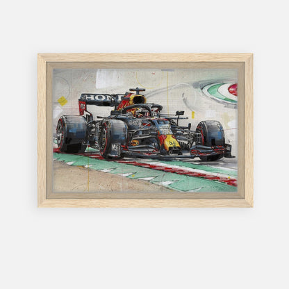 Framed canvas print of Max Verstappen racing his Red Bull car, showcasing vibrant colors and detailed action.