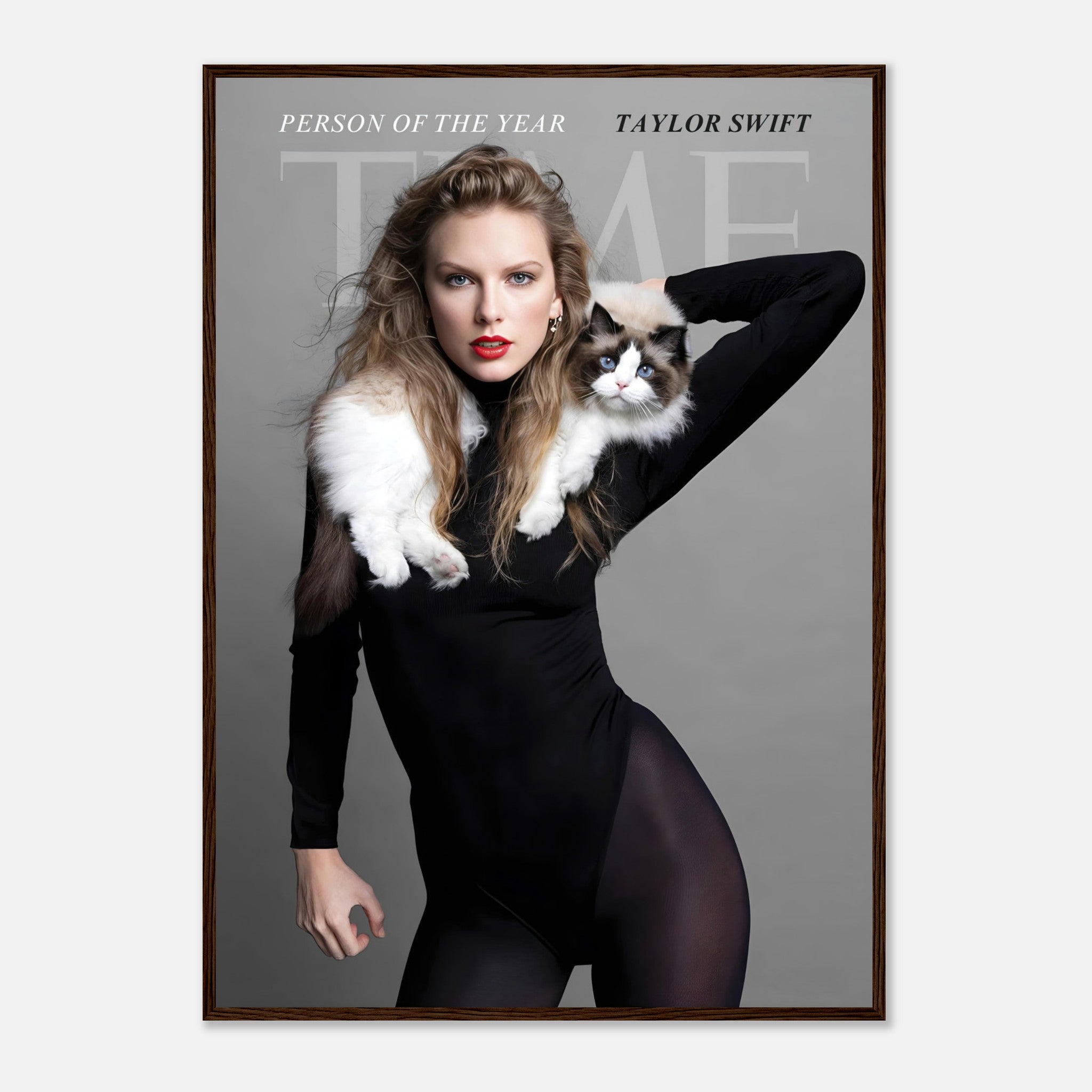 Framed print of Taylor Swift as Time Magazine's Person of the Year with her cat, showcasing elegance and artistry.