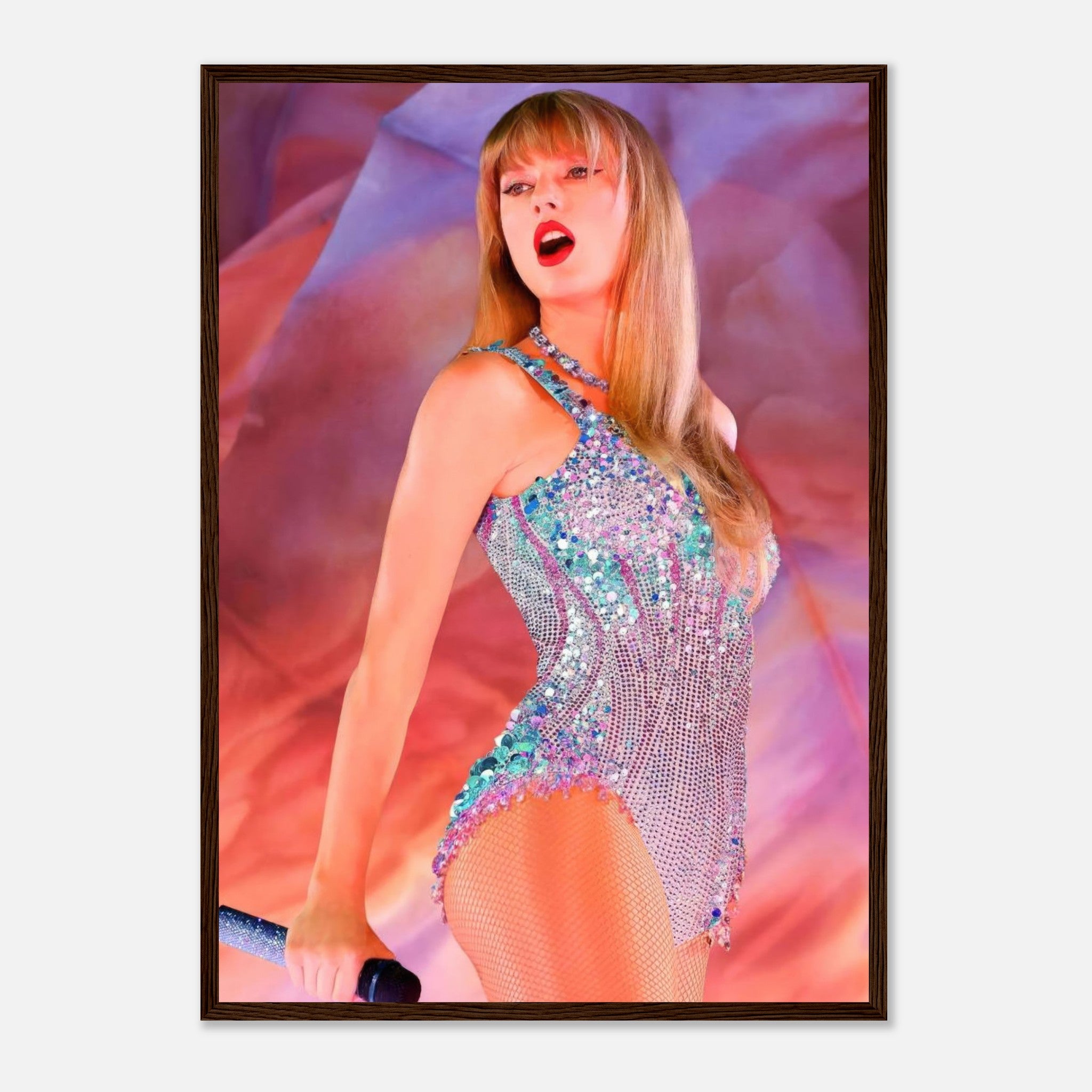 Taylor Swift performing passionately in a dazzling outfit, framed print from The Eras Tour. Perfect for wall art collection.