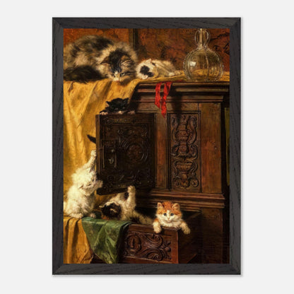 Vintage cat painting of playful kittens exploring a wooden cabinet in a charming framed print.