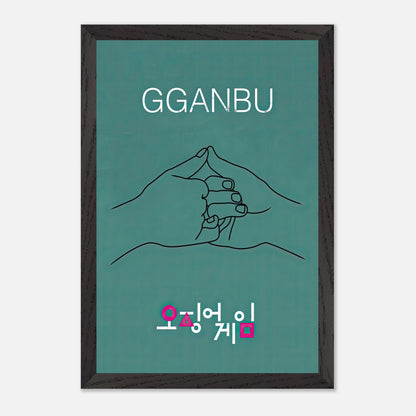 GGANBU Squid Game fine art print featuring delicate hands in a pinky promise against a deep teal background.