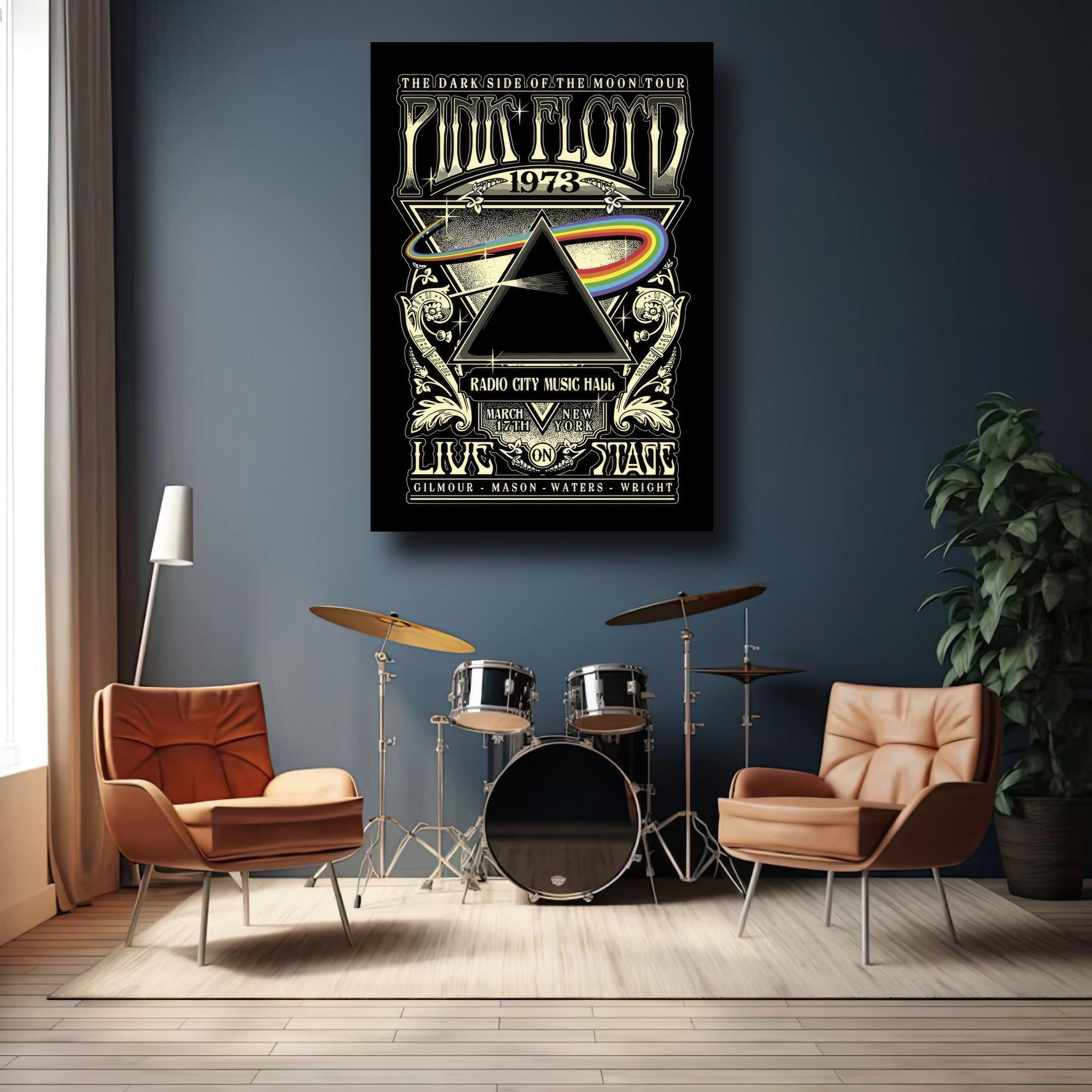 Pink Floyd The Dark Side of the Moon metal print featuring 1973 Radio City Music Hall design in a modern living space.