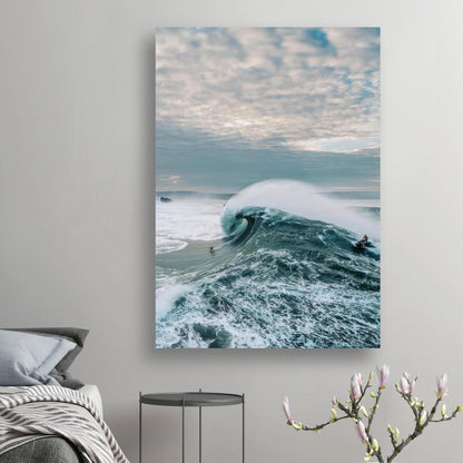 A big wave surf poster showcasing a surfer riding a colossal wave against a dramatic sky.