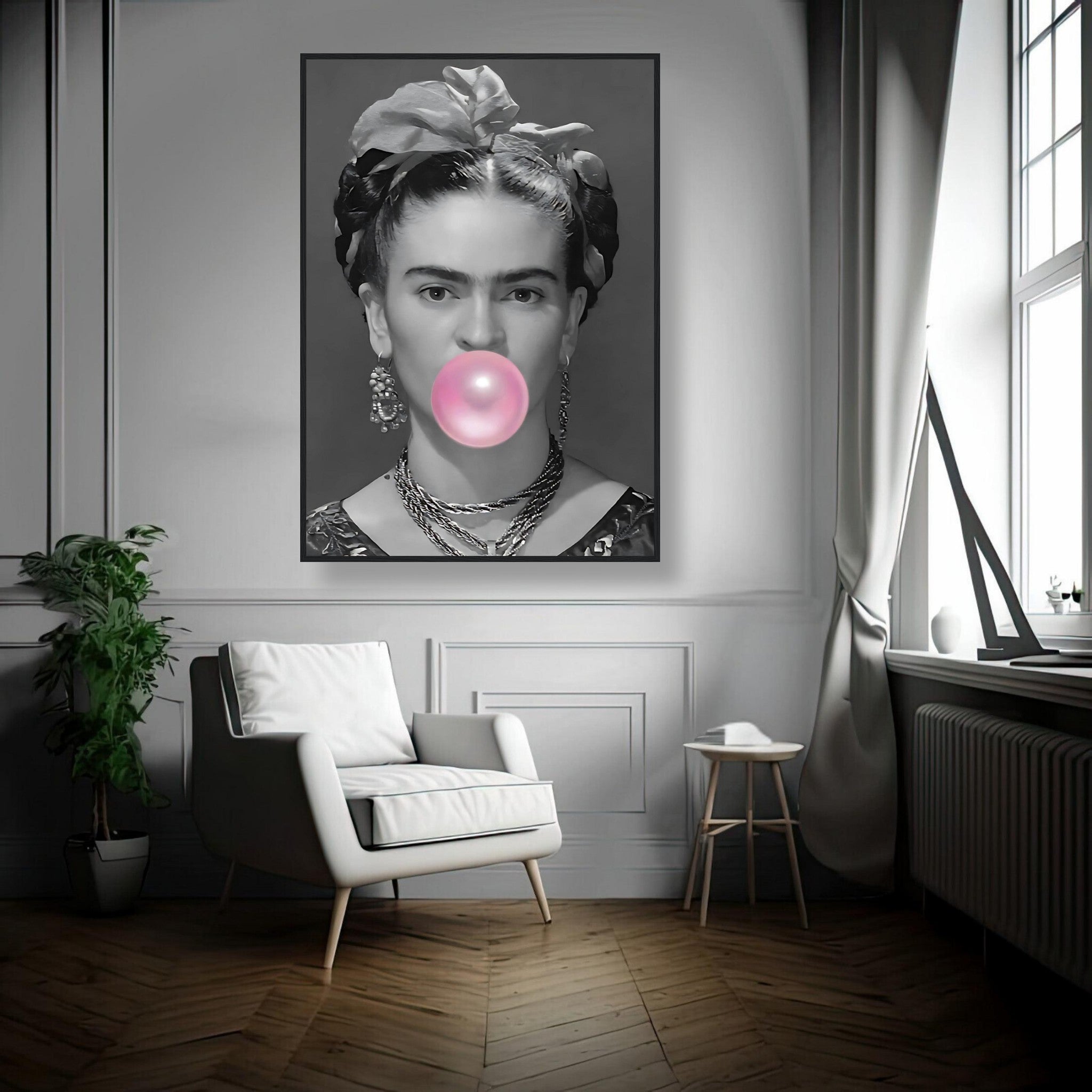 Frida Kahlo Framed Print with Bubble Gum in Modern Living Room Decor, Black and White Artwork with Pink Accent