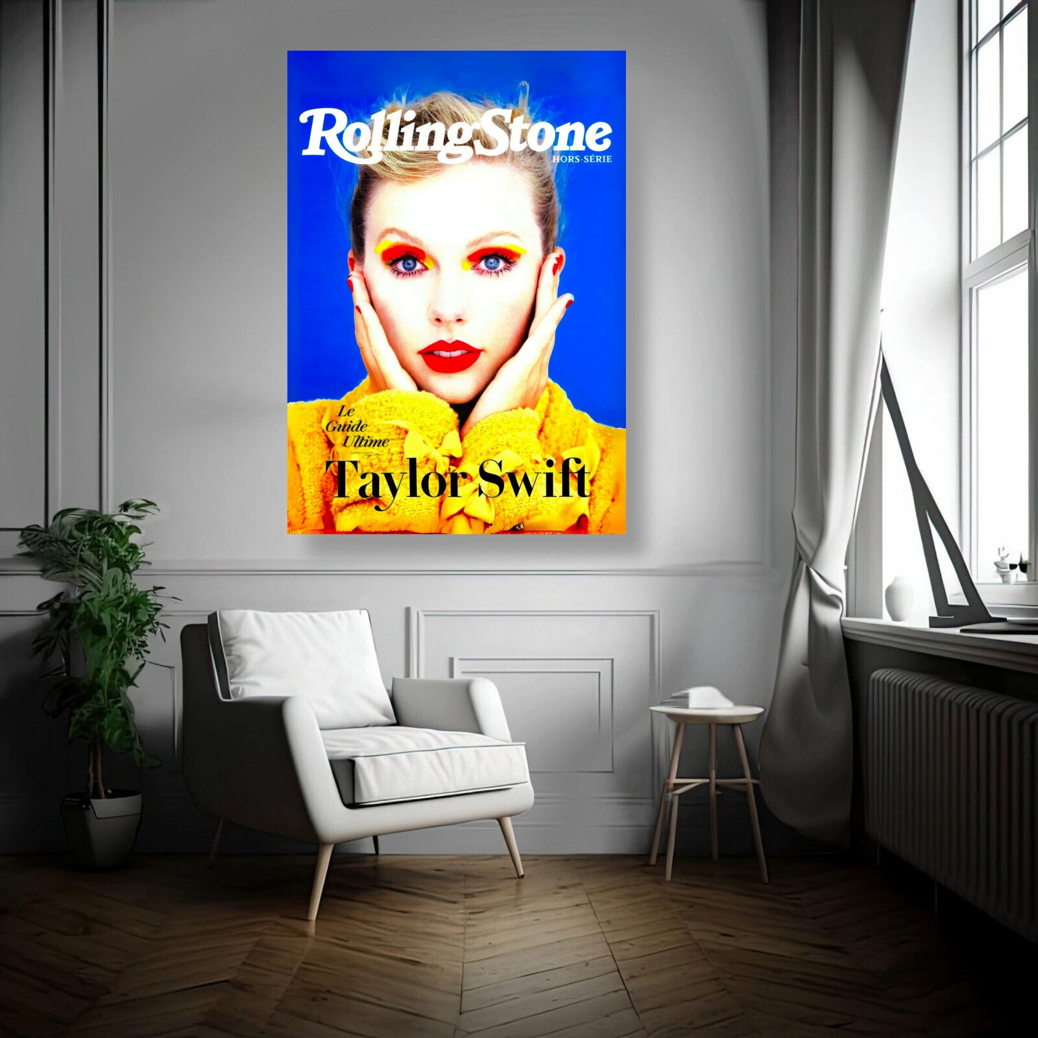 Taylor Swift Rolling Stone Magazine metal print displayed in a stylish indoor setting, featuring vivid colors and a contemporary look.