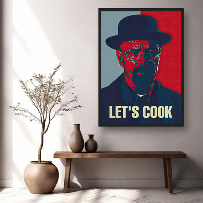 Heisenberg Let's Cook framed print in modern living space with art on wall, vases, and decorative plant.