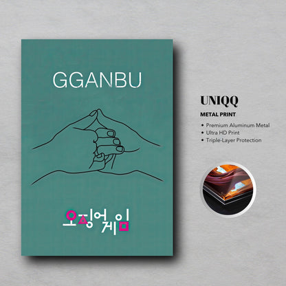 GGANBU Squid Game metal print showcasing iconic handshake design on premium teal background for friendship symbolism.