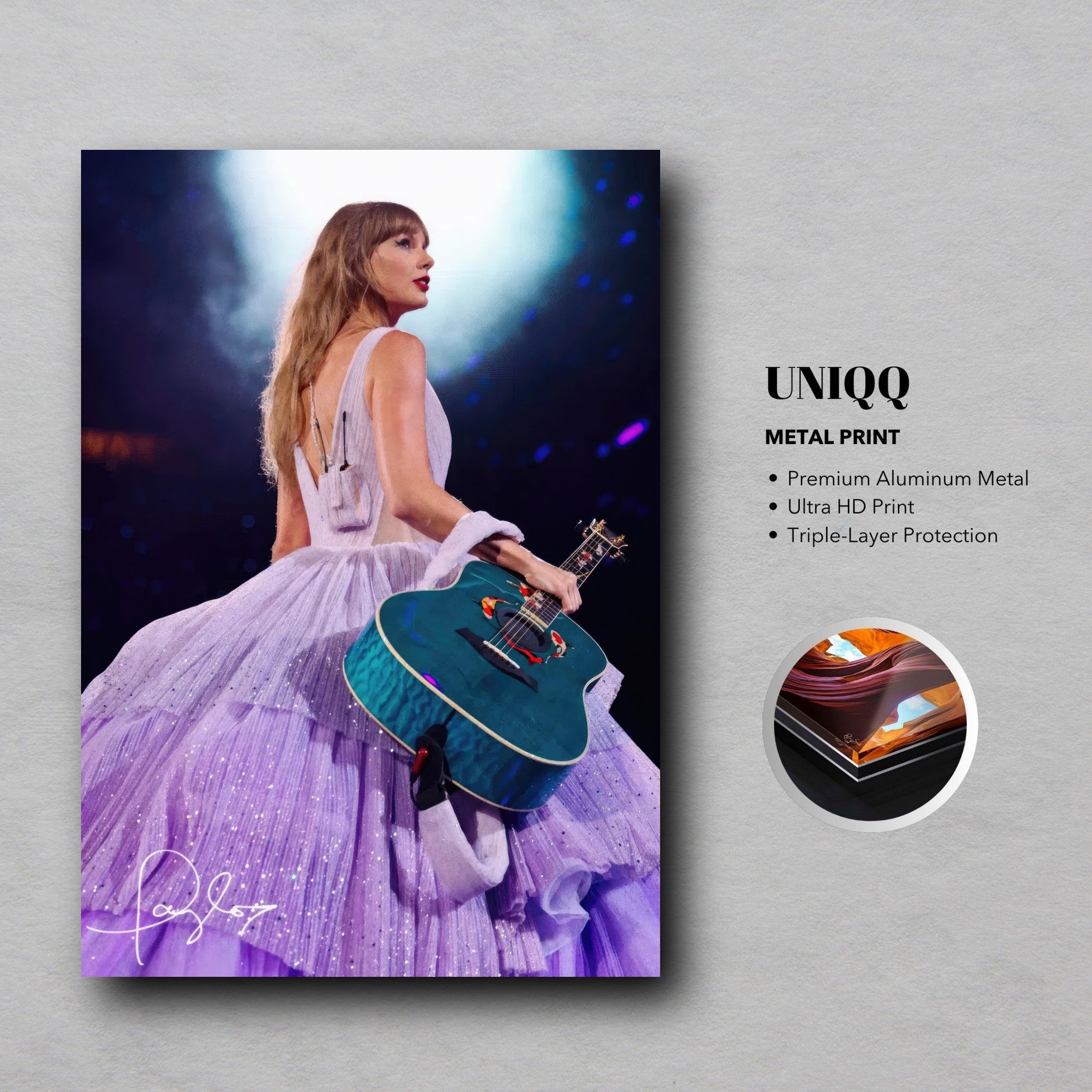 Taylor Swift metal poster featuring her in a lavender gown, holding a blue guitar, illuminated by stage lights.