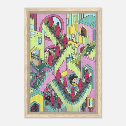 Squid Game Stairs framed canvas print showcasing vibrant, intricate staircases and figures in a surreal, colorful design.