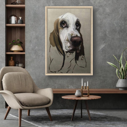 Basset Hound dog painting framed canvas print displayed in a modern home interior with a stylish chair and decor.