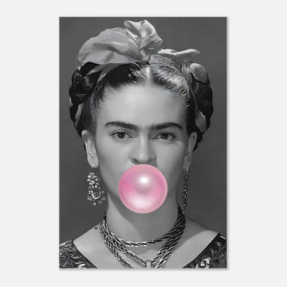 Frida Kahlo Bubble Gum Metal Print featuring a black-and-white photo with a vibrant pink bubble gum.