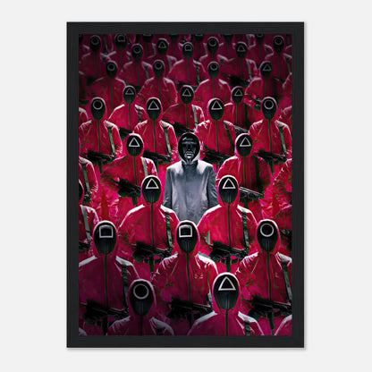 Squid Game Guards framed print featuring iconic pink-clad guards with mysterious leader against a dramatic backdrop.