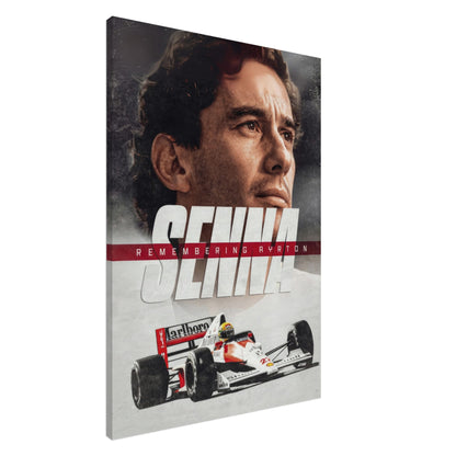 Ayrton Senna canvas art featuring his portrait and iconic race car, celebrating the legacy of a Formula 1 legend.