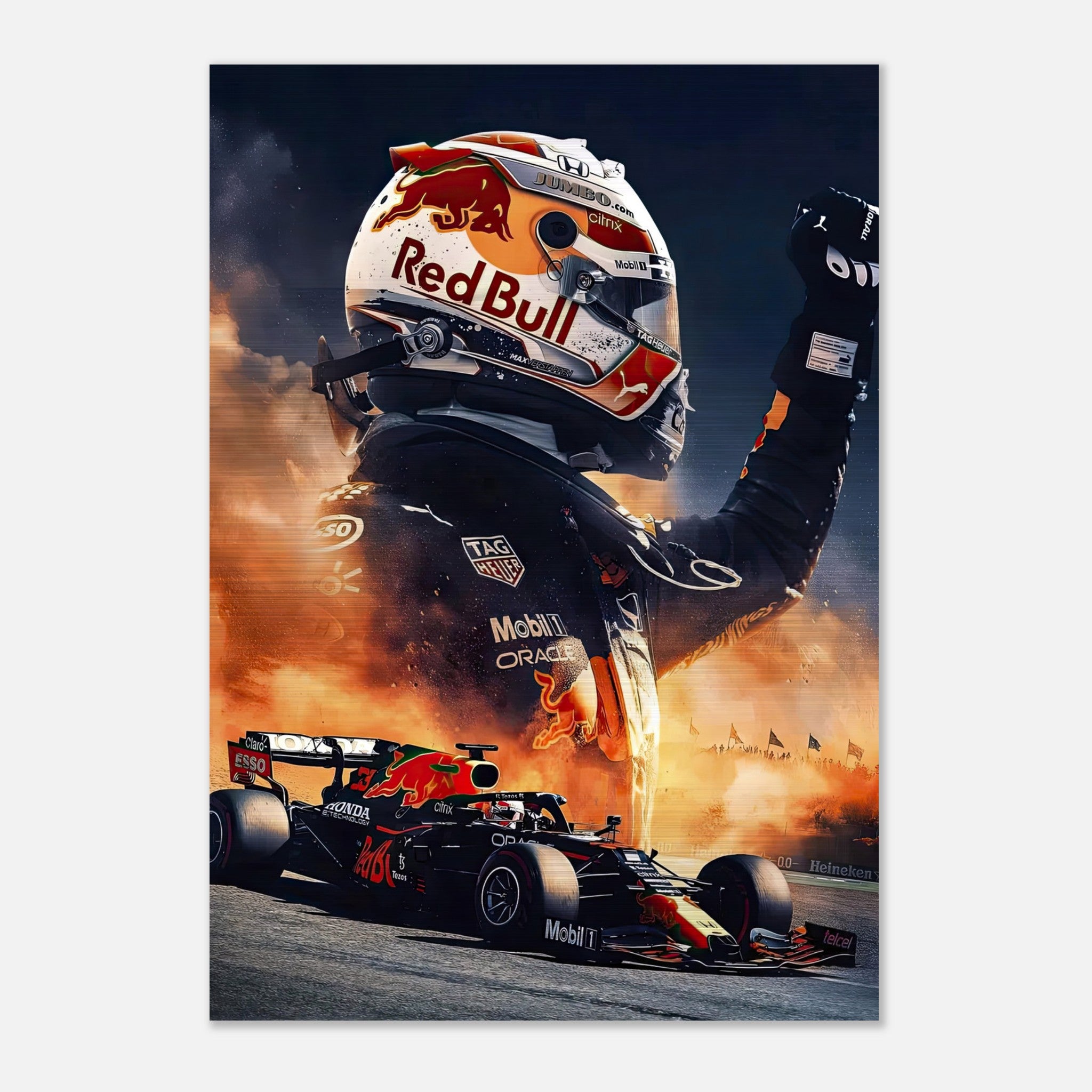 Max Verstappen Red Bull brushed metal print featuring F1 driver with vibrant colors and dynamic design.