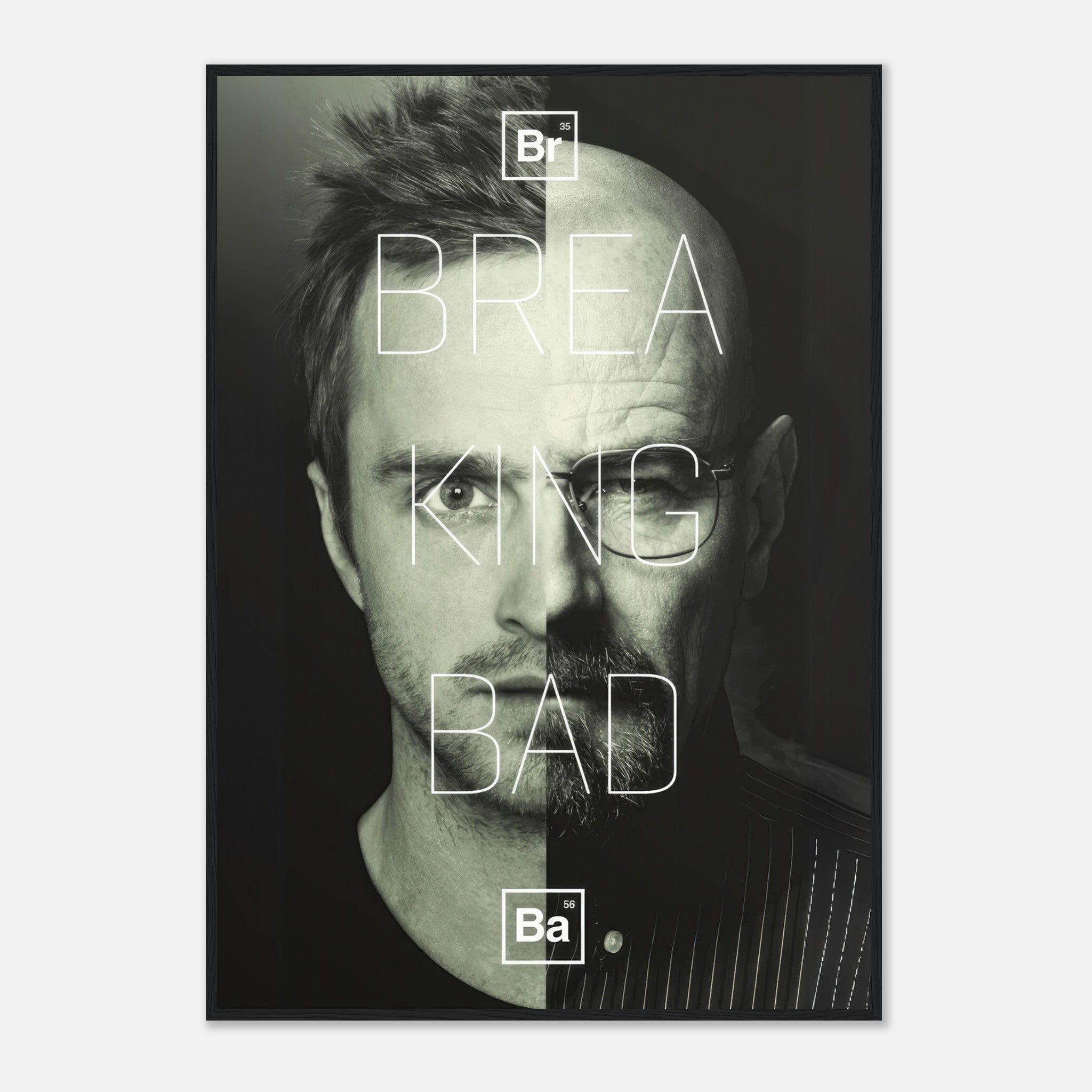 Jesse and Walter Breaking Bad framed print featuring a bold split-face design in high resolution.