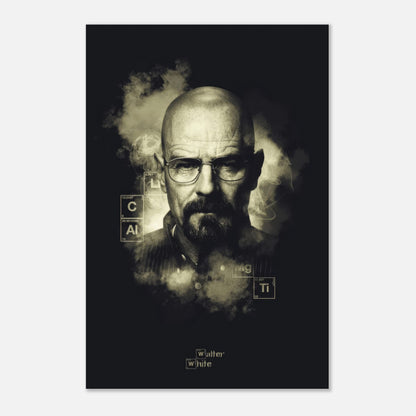 Walter White Heisenberg metal poster featuring bold black-and-white design and chemical elements for Breaking Bad fans.