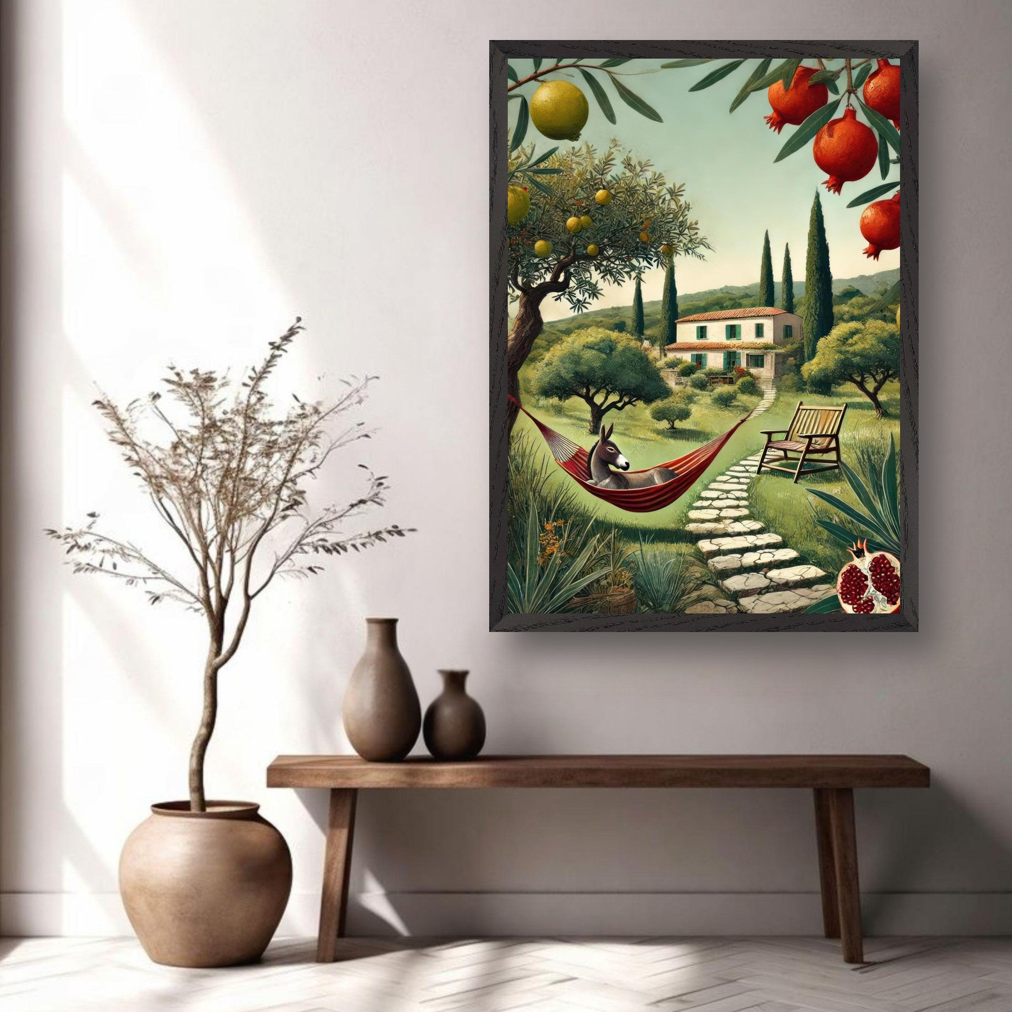 Mediterranean rural landscape art print featuring a hammock, villa, and lush greenery in a serene setting.