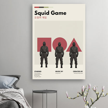 Squid Game Vintage poster featuring enigmatic guards and geometric shapes, perfect for fans of the iconic series.