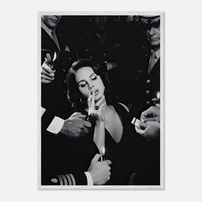 Vintage black-and-white photograph of a woman smoking, surrounded by people holding lighters, exuding timeless elegance.