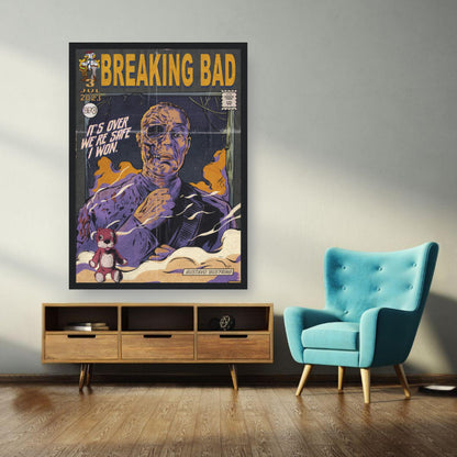 Vintage comic-style framed poster of Gustavo Fring from Breaking Bad, showcasing a retro aesthetic and bold colors.