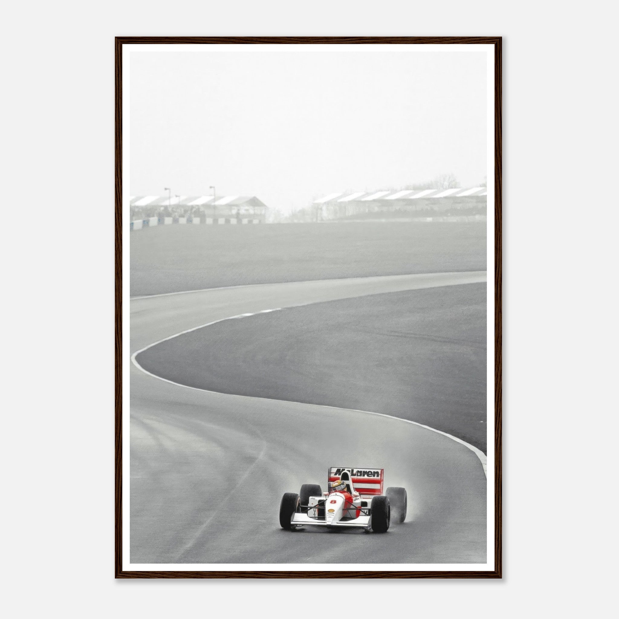 1988 Ayrton Senna McLaren racing print in black and white, capturing the essence of Formula 1 history.