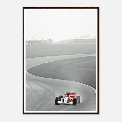 1988 Ayrton Senna McLaren racing print in black and white, capturing the essence of Formula 1 history.