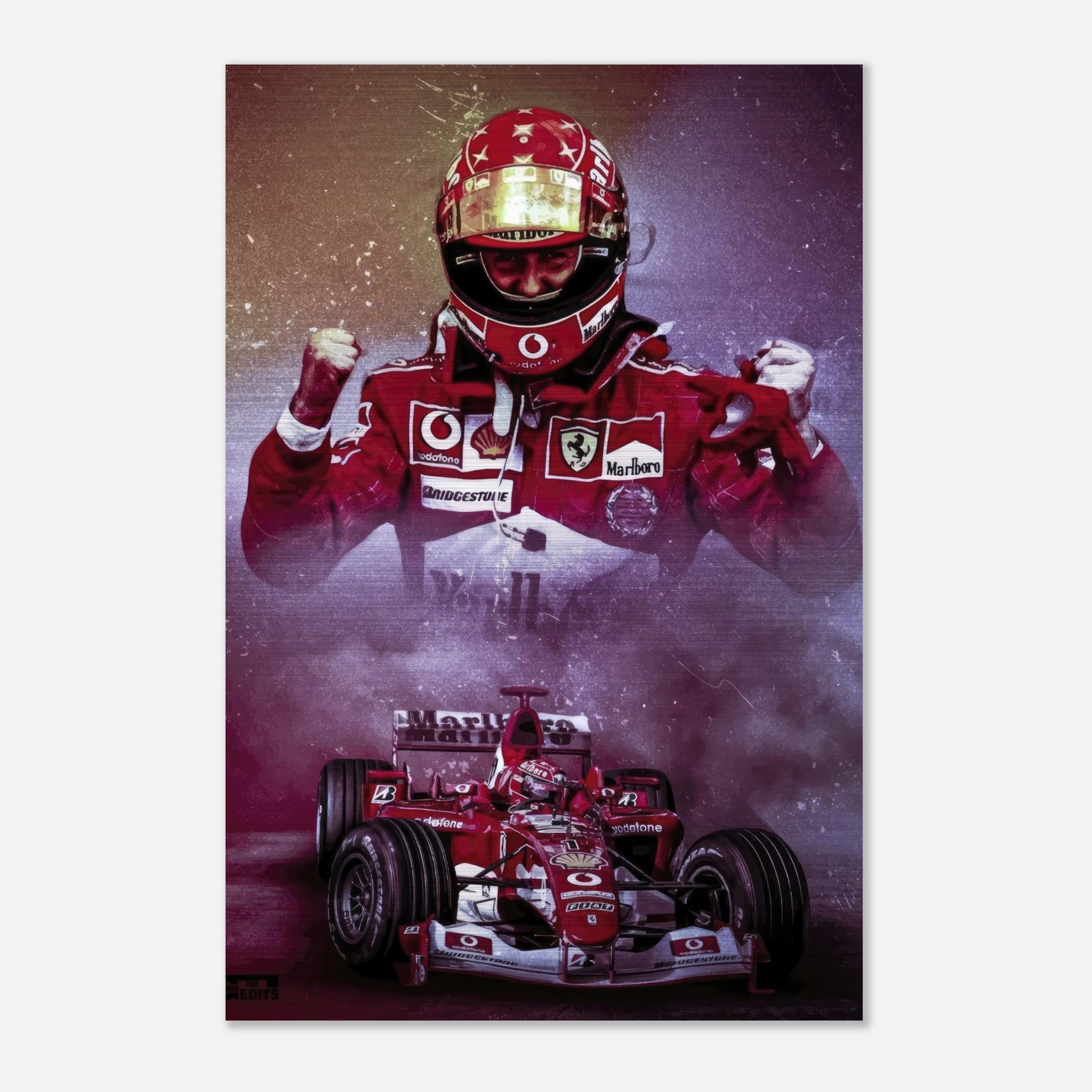 Michael Schumacher brushed metal poster featuring iconic Ferrari gear and dynamic F1 car, showcasing his legendary racing legacy.