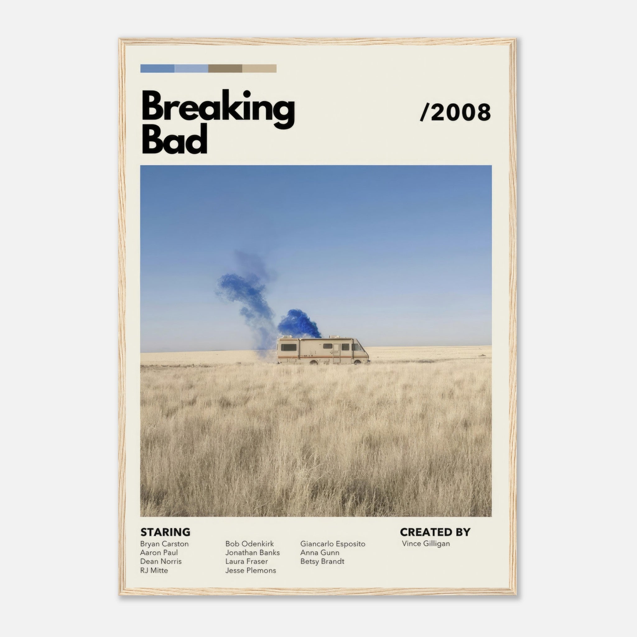 Framed print of Breaking Bad with vintage RV and blue smoke in desert, capturing iconic scene and minimalist design.