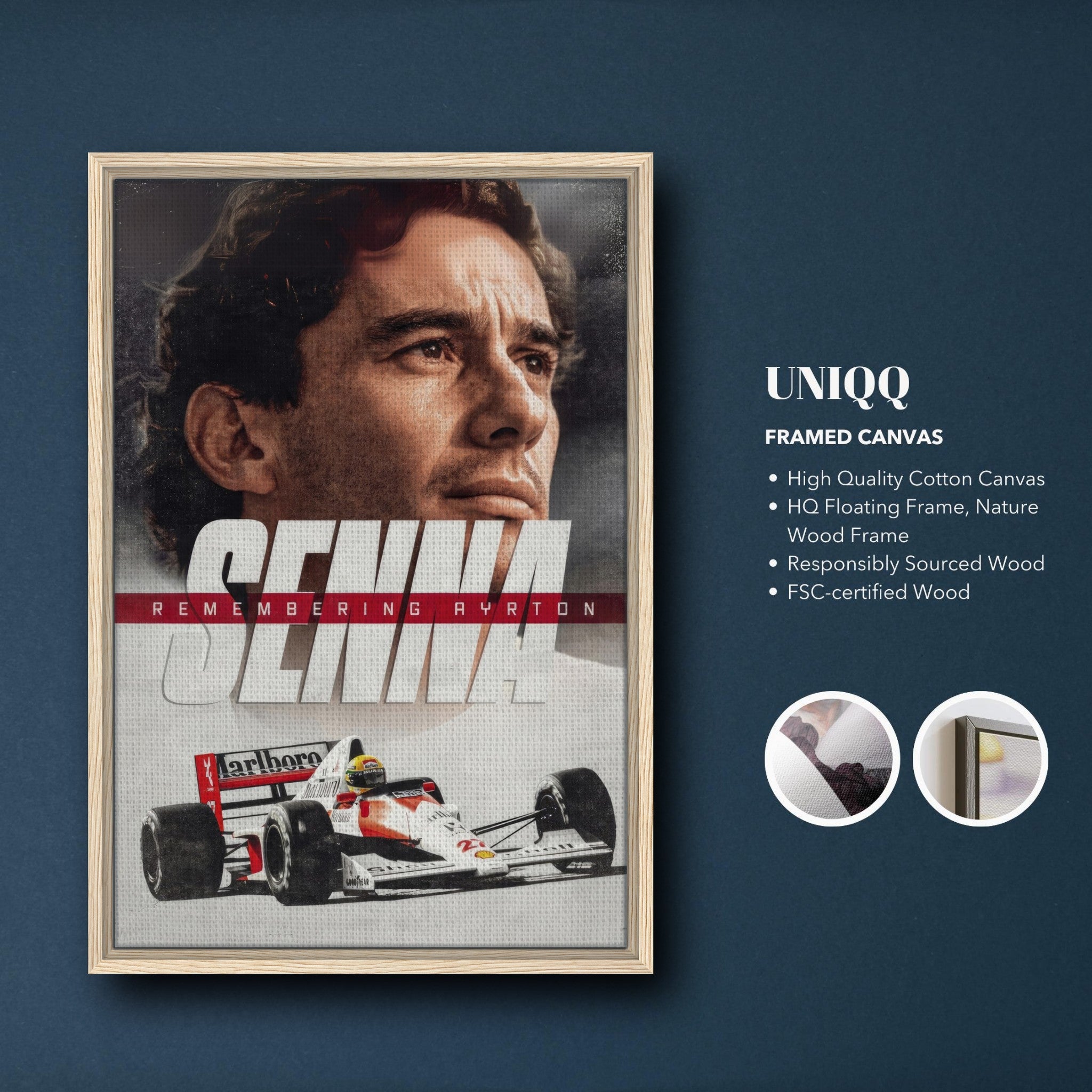 Ayrton Senna framed canvas art featuring dynamic design and high-quality materials, celebrating his racing legacy.