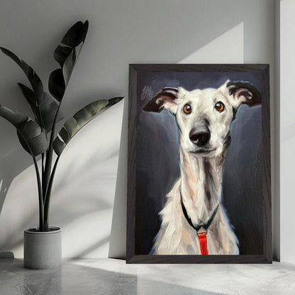Vintage framed print of a greyhound dog portrait, showcasing its noble expression and sleek form.
