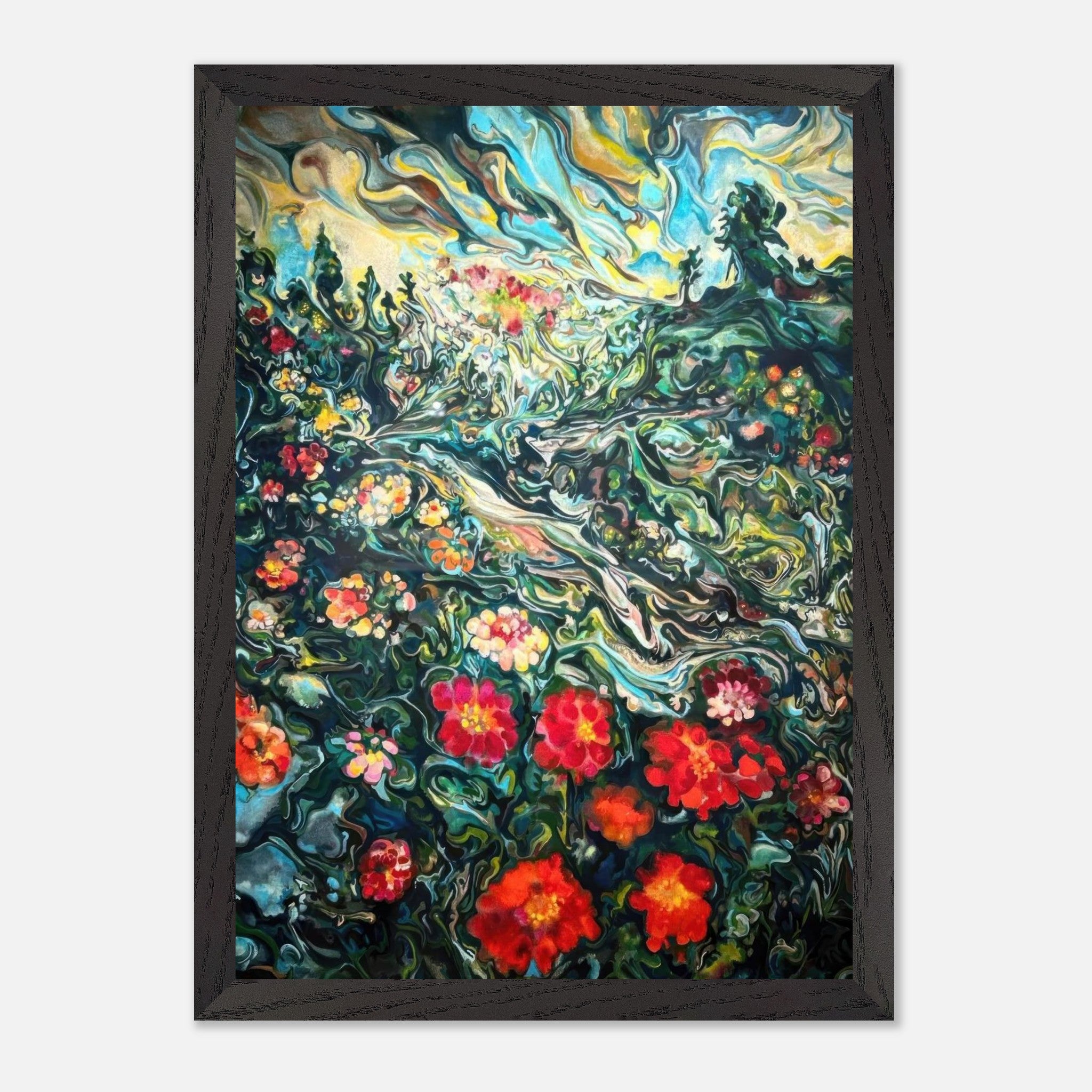 Abstract floral landscape painting in vintage frame featuring vibrant red and pink blossoms amid lush greenery.