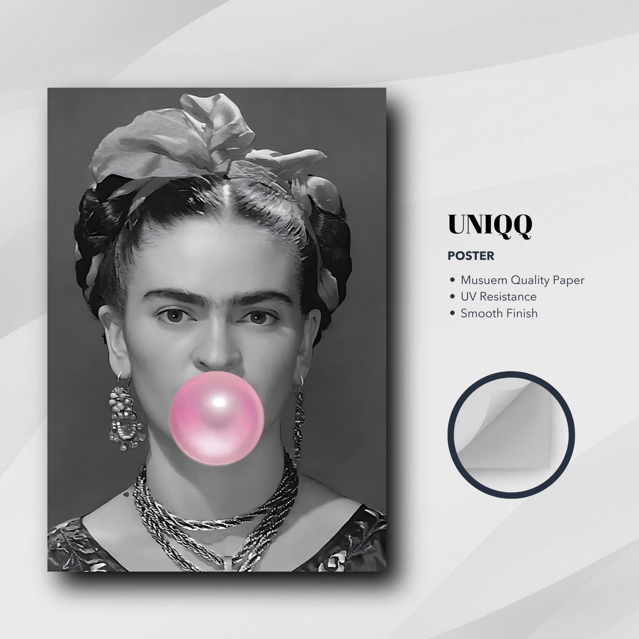 Frida Kahlo Bubble Gum poster in black and white with a pink bubble, showcasing modern art and elegance.